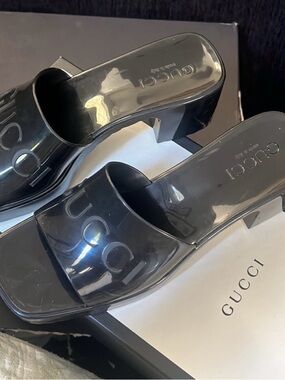 Gucci Glossy Black Logo Slide Mules
